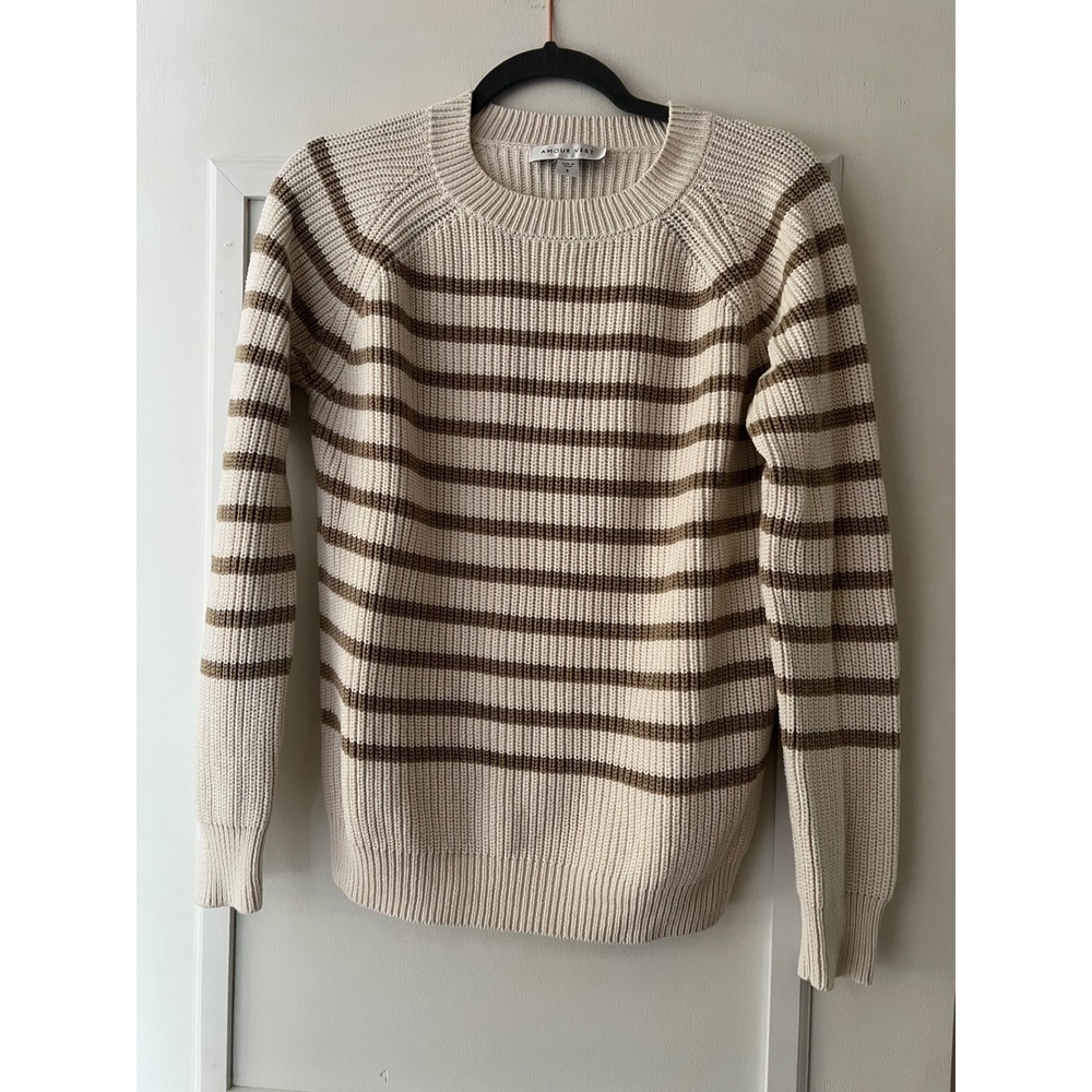 Amour Vert Organic Cotton Shaker Stitch Striped Crewneck Sweater Brown Cream S